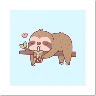 Cute Chilling Sloth Drinking Bubble Tea Posters and Art